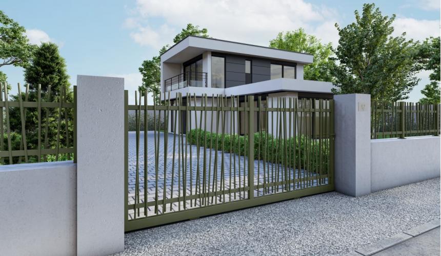 Ambiance 3D - Portail Mikado coulissant avec clôture Mikado - lichen